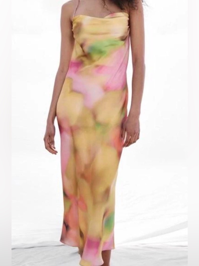 Zara Woman Long Strappy Tie-Dye Camisole Lingerie Slip Satin Dress Medium